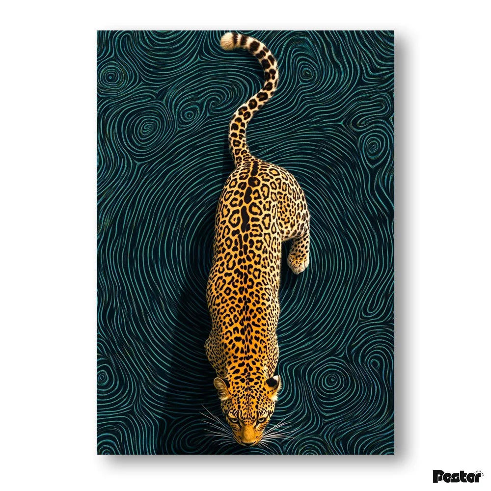 Leopard on a dark wavy patterned background