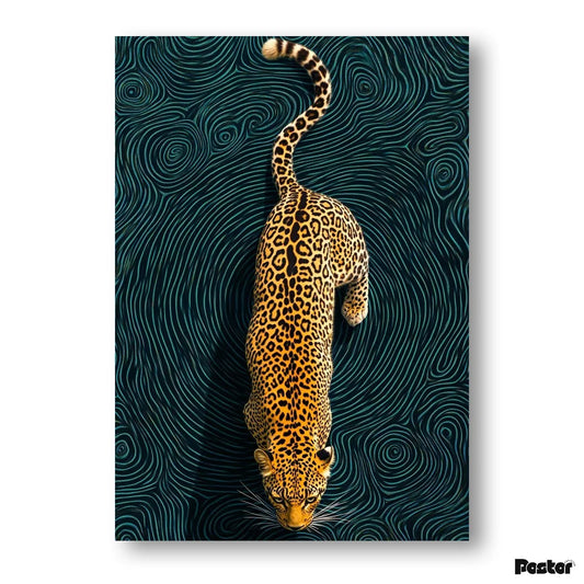 Leopard on a dark wavy patterned background