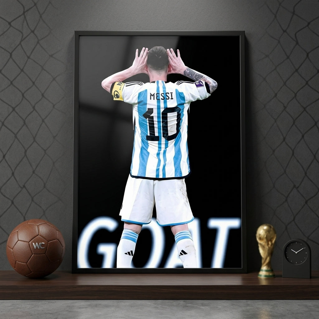 Framed poster of a soccer player in a striped jersey with 'Messi' and number '10', placed on a shelf with sports memorabilia.