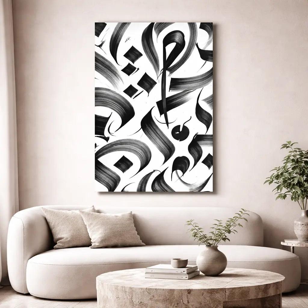 Abstract black and white artwork on a wall above a sofa in a living room.