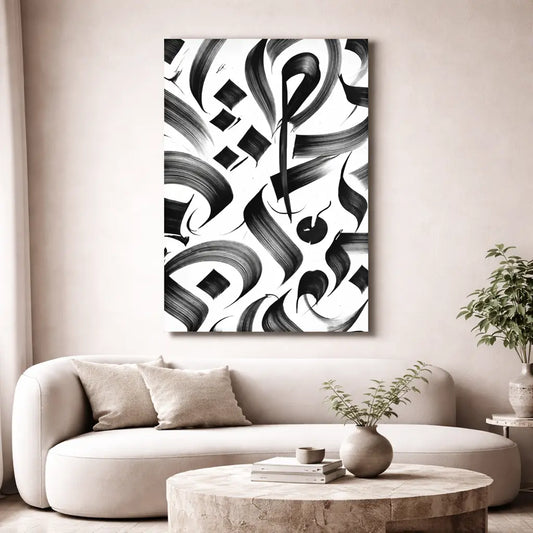 Abstract black and white artwork on a wall above a sofa in a living room.