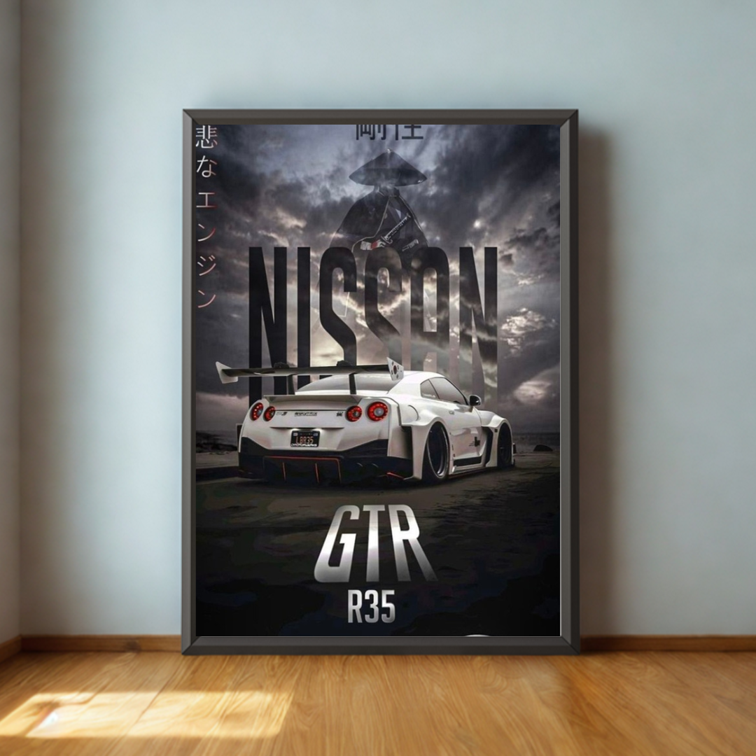 Framed poster of a Nissan GTR R35 with a dark, dramatic sky.