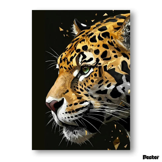 Close-up of a leopard's face on a black background with 'Poster' branding.