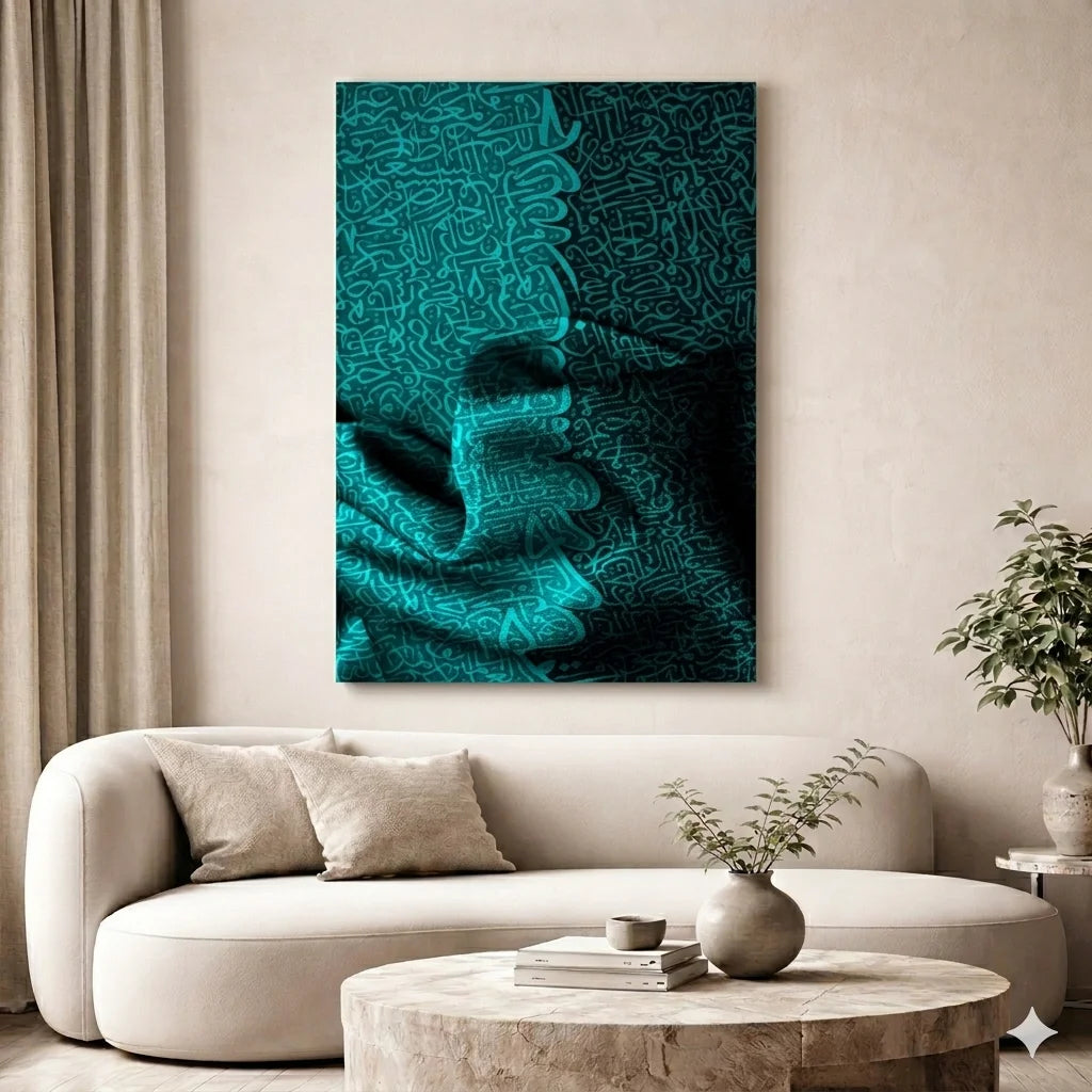 Abstract teal painting on a wall above a beige sofa in a living room.