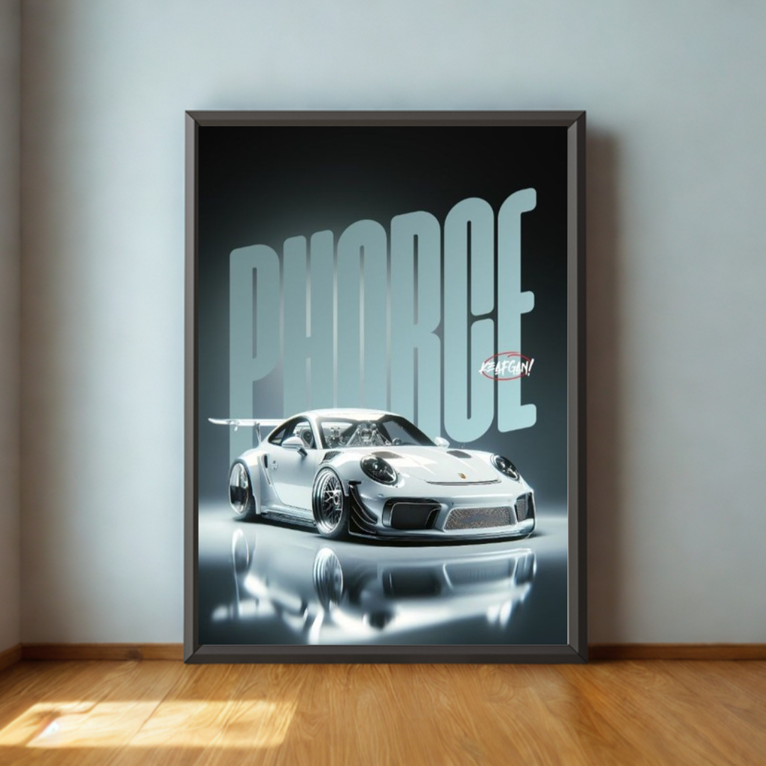 Framed poster of a white sports car with 'Pharoe' text on a gray wall.