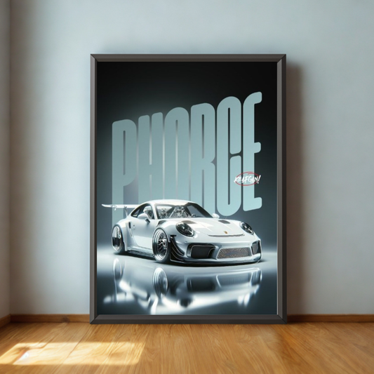 Framed poster of a white sports car with 'Pharoe' text on a gray wall.