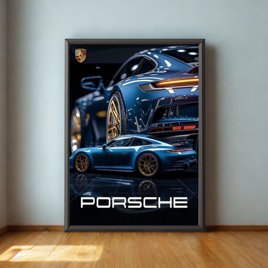 Framed poster of a blue Porsche car on a wall.