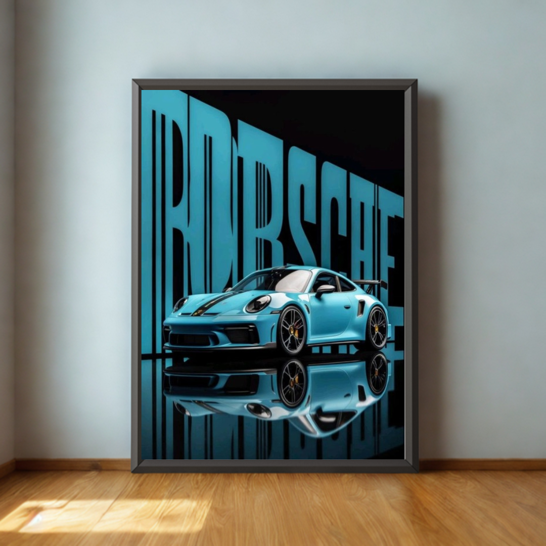 Framed poster of a blue Porsche sports car with 'ADRENALINE' text on a wall.