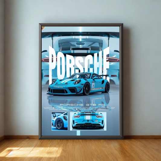 Framed poster of a blue Porsche GT3 RS car on a gray wall.