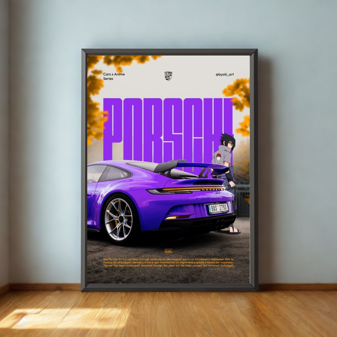 Framed poster of a purple Porsche car with 'Porsche' text on a wall.
