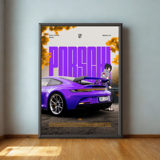 Framed poster of a purple Porsche car with 'Porsche' text on a wall.