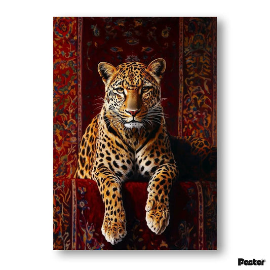 Leopard on a patterned rug with 'Foster' branding