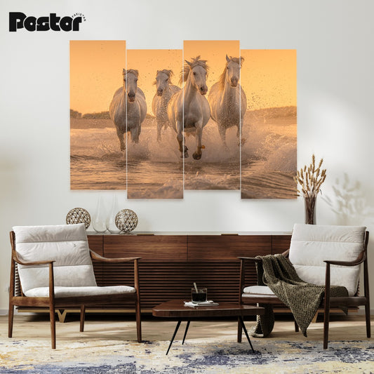 'Wild Freedom' White Horses Sunset 4-Panel Canvas Art - #S003