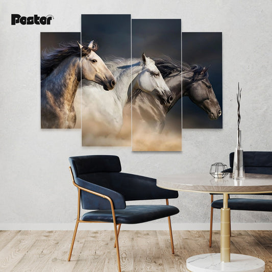 Wild Horses Dramatic 4-Panel Canvas Art - #S005