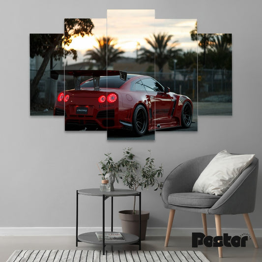 Red Sports Car Sunset 5-Panel Canvas Art - #S007