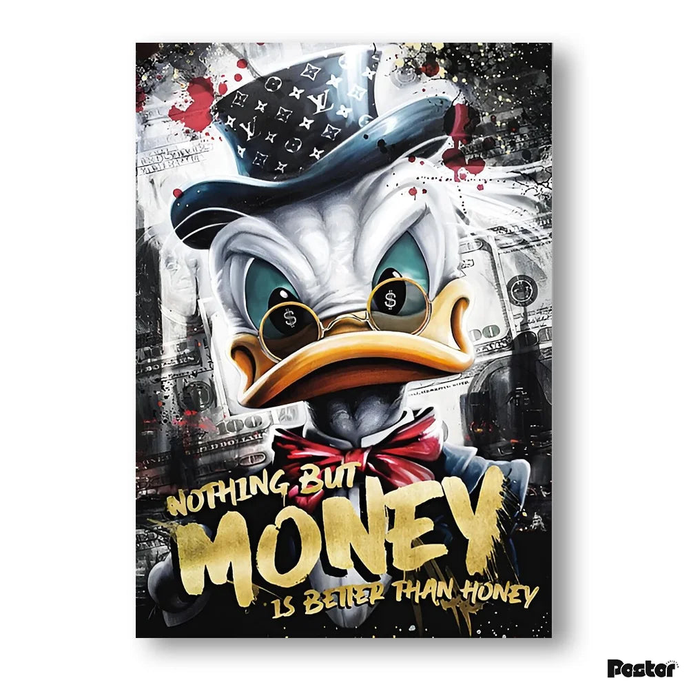 Cartoon character with money-themed text and design elements