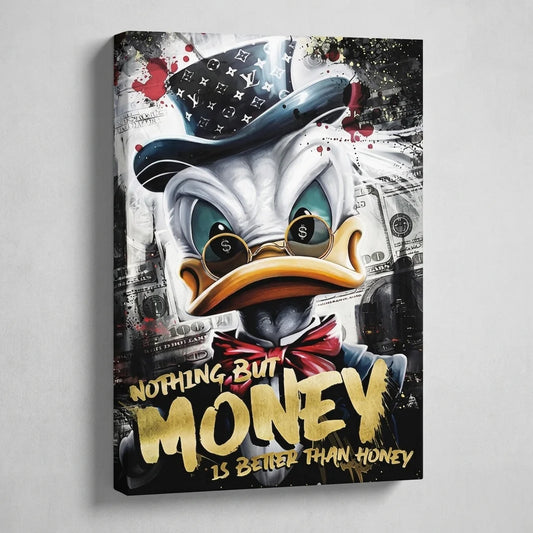 Canvas print with a stylized duck character wearing a top hat, surrounded by money symbols and text on a gray background.