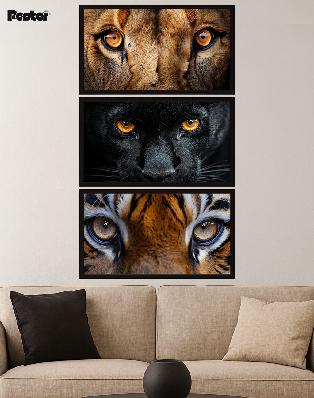 Big Lion, Black Panther and Tiger Eyes Framed Poster Set (3-Piece) - #P110