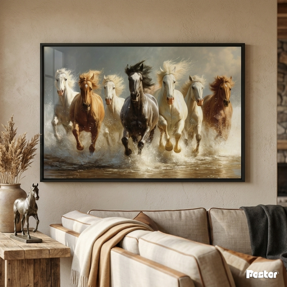 Seven Horses Charging Through Water