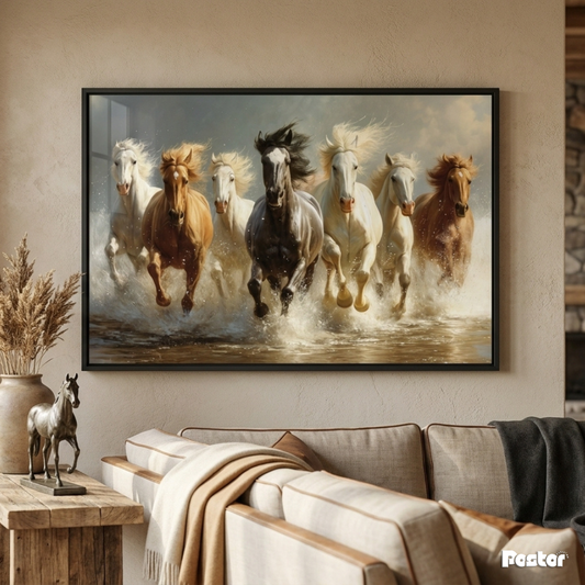 Seven Horses Charging Through Water
