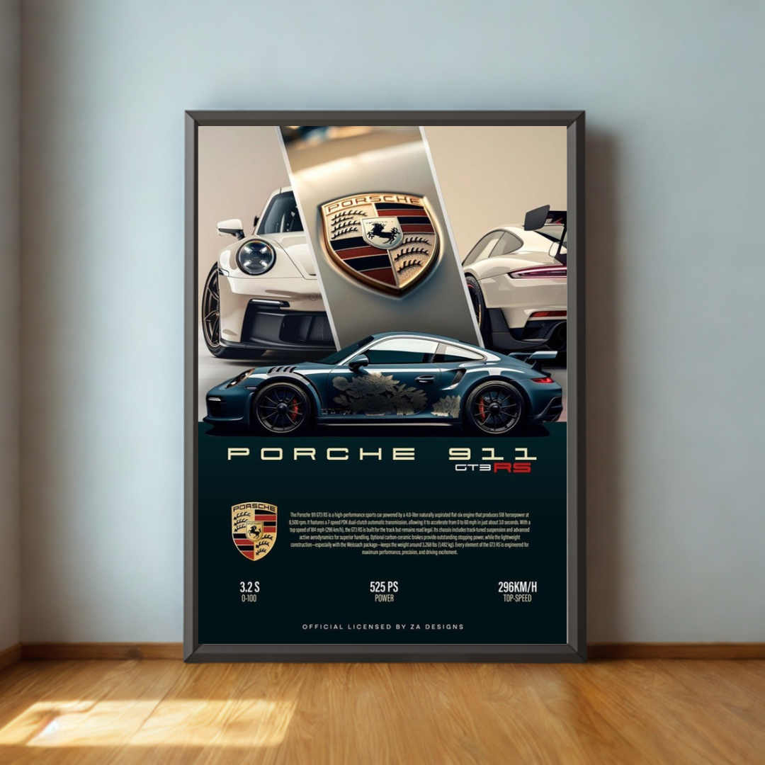 Framed poster of Porsche 911 cars on a wall