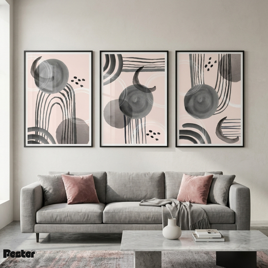 Soft Pink & Charcoal Abstract Ink Wall Art Set
