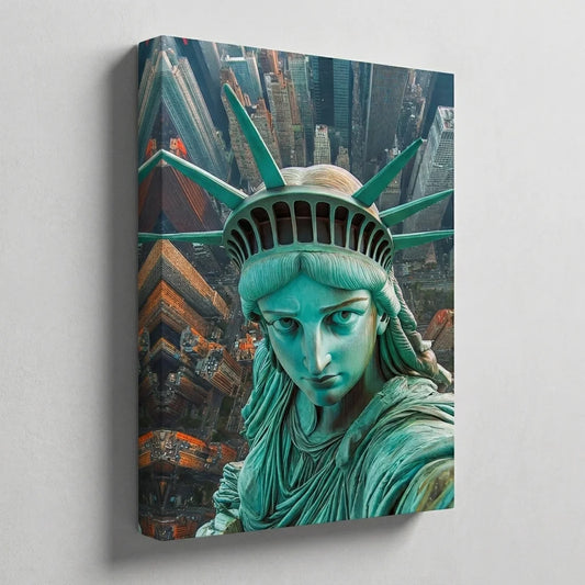 Canvas print of the Statue of Liberty with a cityscape background