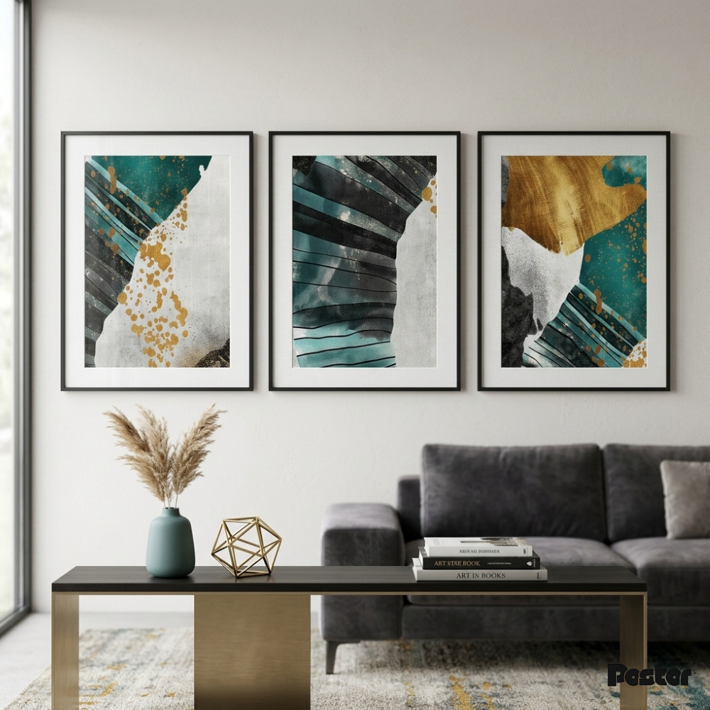 Teal, Black & Gold Textured Abstract Wall Art Set