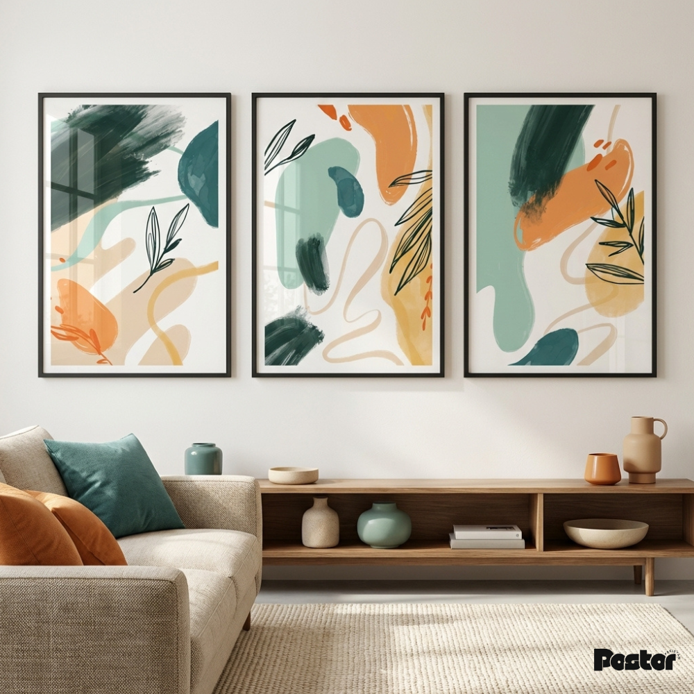 Teal, Orange & Olive Abstract Botanical Wall Art Set