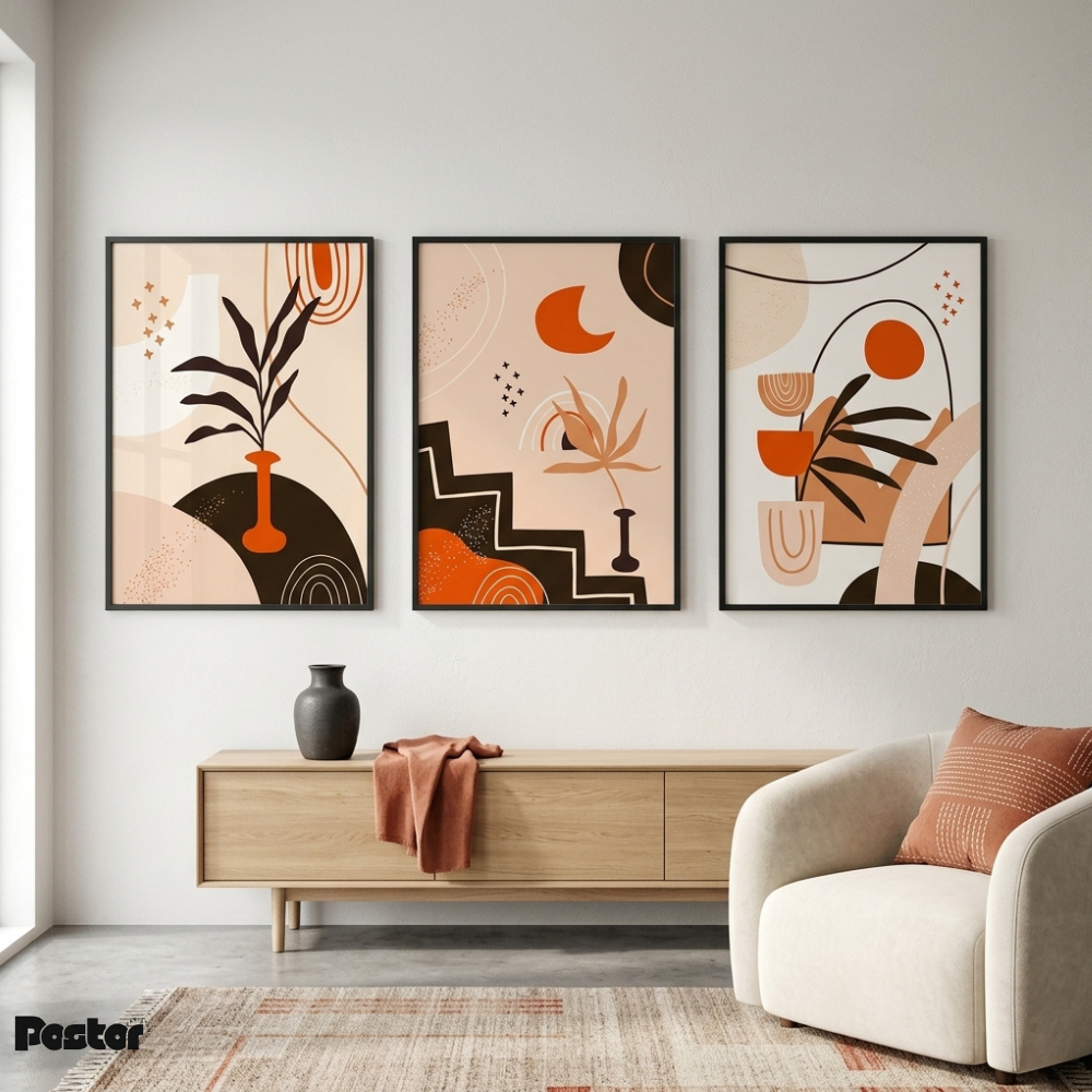 Terracotta, Cream & Black Botanical Abstract Wall Art Set