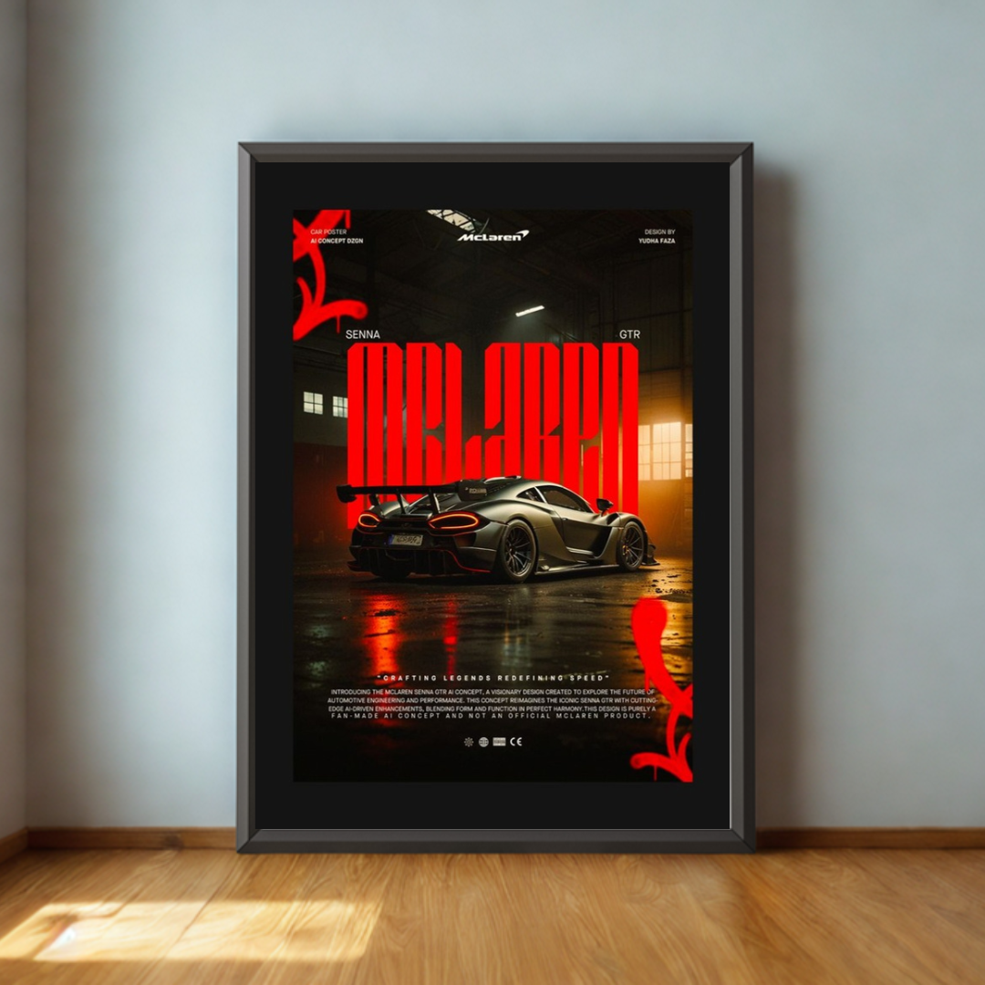 Framed poster of a car with red text on a gray wall.