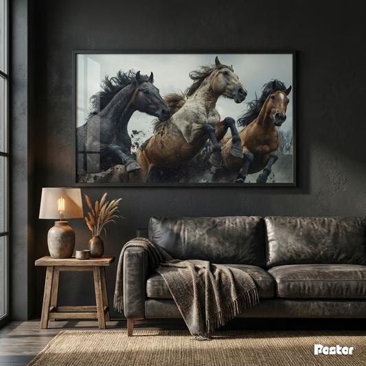 Three Wild Horses Rearing & Charging in Stormy Dramatic Scene