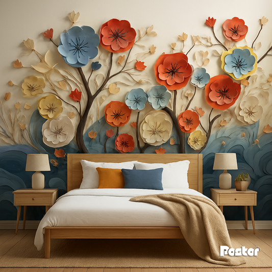 3D Paper Flower Tree Wall Mural - Wallpaper - #W006