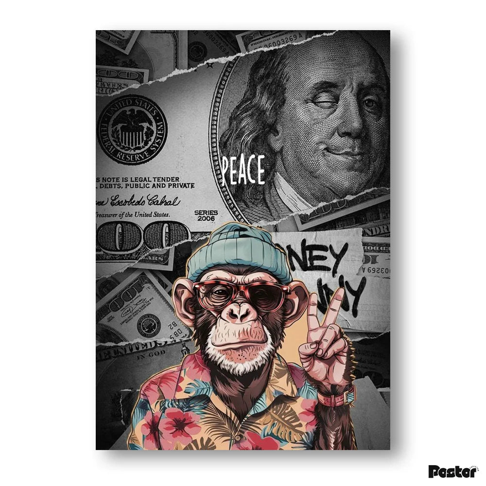 Monkey wearing sunglasses and a cap, surrounded by dollar bills with 'PEACE' and 'NEW YORK' text.