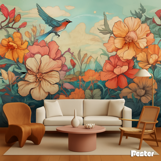 “Whimsical Meadow” Floral & Bird Wallpaper Mural #W017