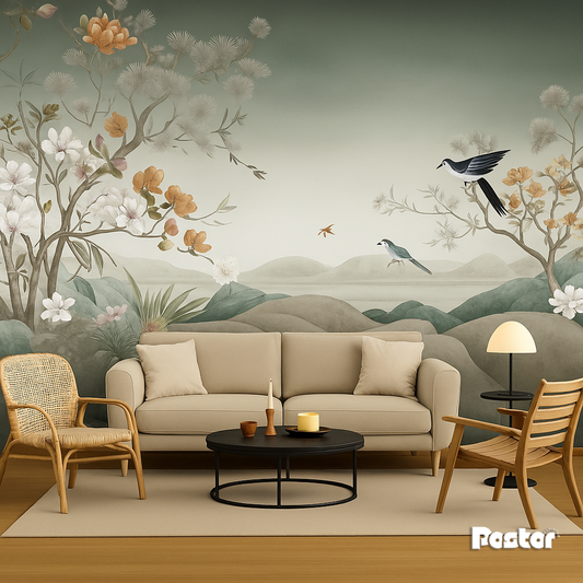 “Misty Lake” Chinoiserie Landscape Wallpaper Mural - #W013