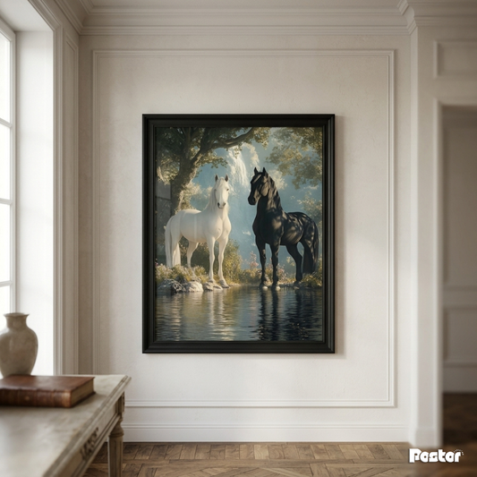 White & Black Horses by the Enchanted Waterfall