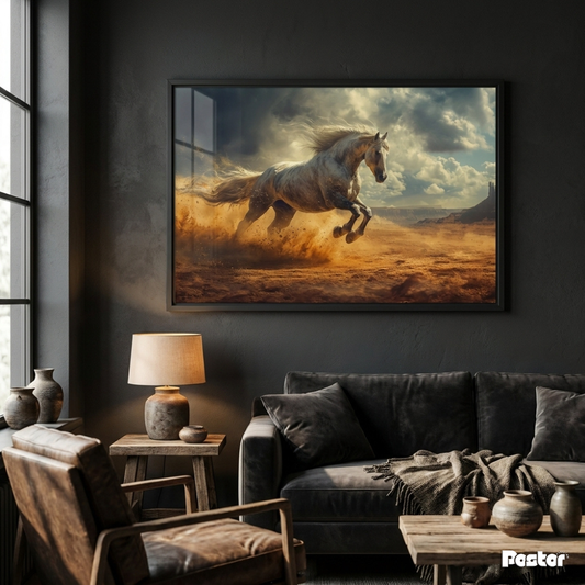 White Horse Galloping Through Desert Dust Under Dramatic Skies