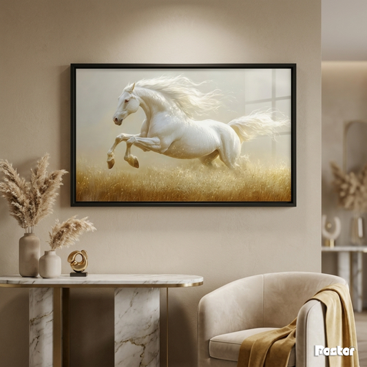 White Horse Leaping in Luminous Golden Meadow