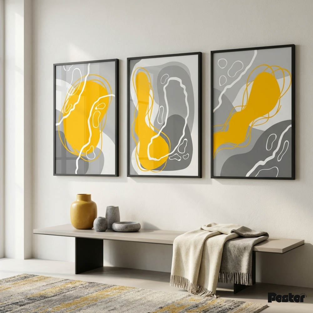 Yellow & Grey Abstract Fluid Line Art Poster Set