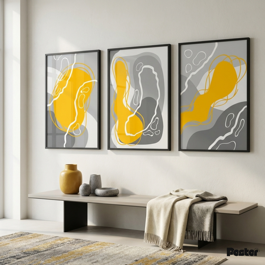 Yellow & Grey Abstract Fluid Line Art Poster Set