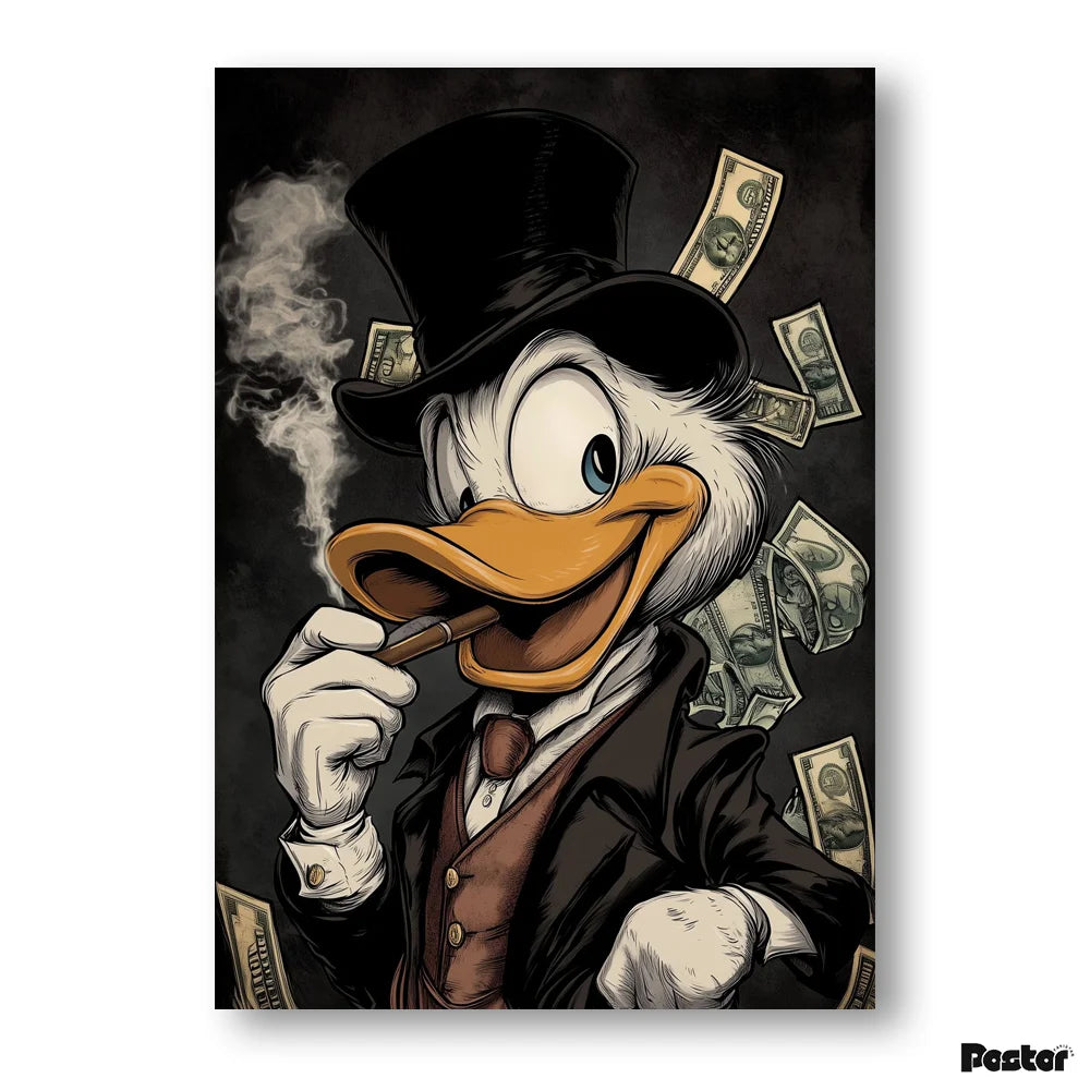 Cartoon duck character in a top hat and suit with money around, holding a pipe.